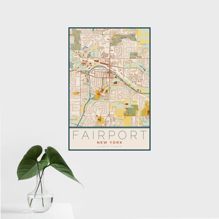 16x24 Fairport New York Map Print Portrait Orientation in Woodblock Style With Tropical Plant Leaves in Water