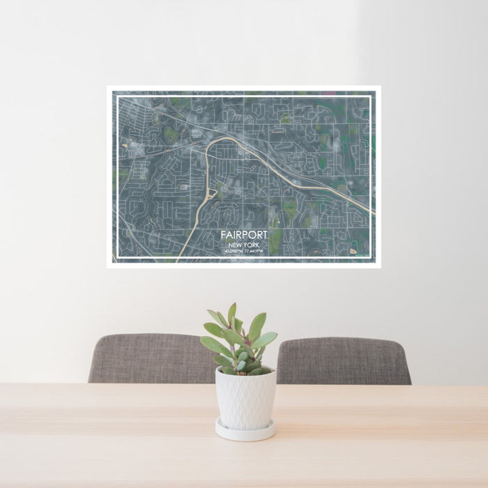24x36 Fairport New York Map Print Lanscape Orientation in Afternoon Style Behind 2 Chairs Table and Potted Plant