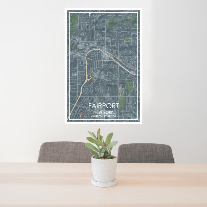 24x36 Fairport New York Map Print Portrait Orientation in Afternoon Style Behind 2 Chairs Table and Potted Plant