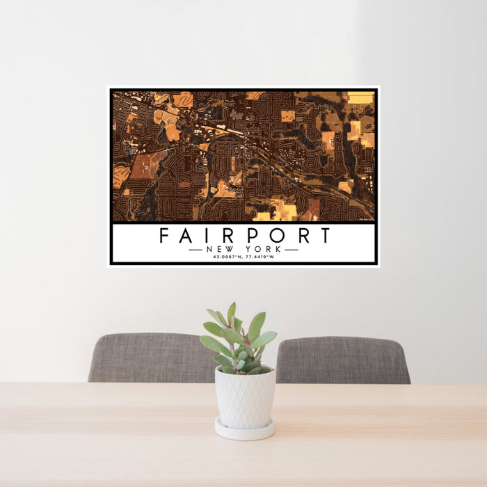 24x36 Fairport New York Map Print Lanscape Orientation in Ember Style Behind 2 Chairs Table and Potted Plant