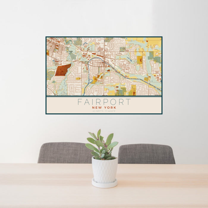 24x36 Fairport New York Map Print Lanscape Orientation in Woodblock Style Behind 2 Chairs Table and Potted Plant
