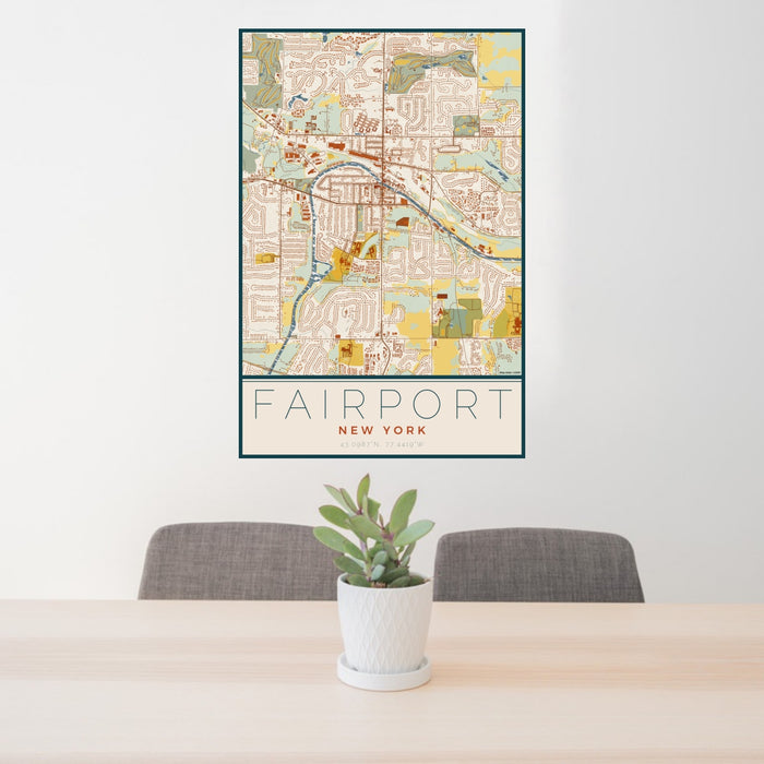 24x36 Fairport New York Map Print Portrait Orientation in Woodblock Style Behind 2 Chairs Table and Potted Plant