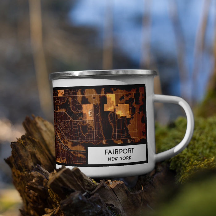 Right View Custom Fairport New York Map Enamel Mug in Ember on Grass With Trees in Background