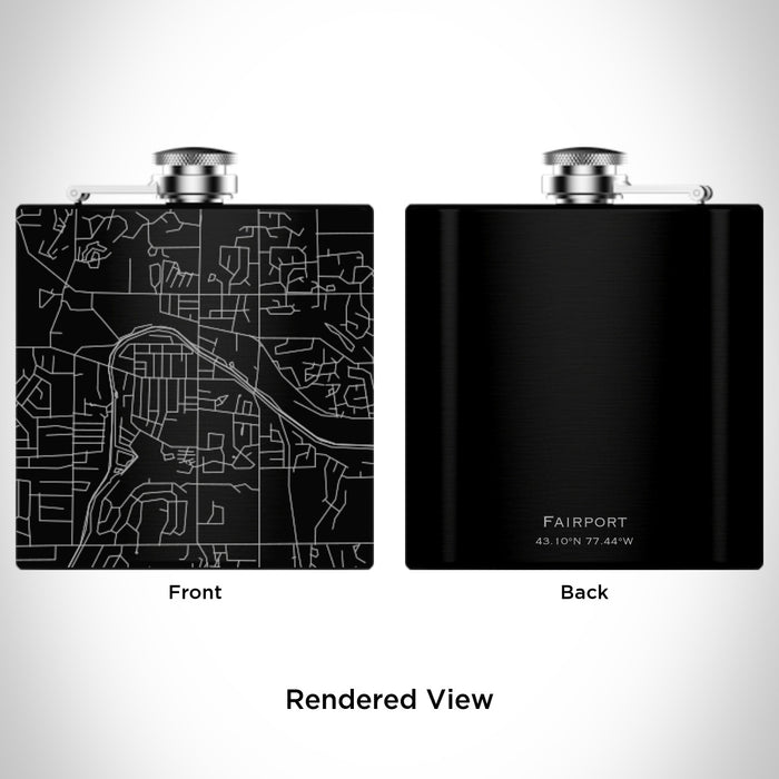 Rendered View of Fairport New York Map Engraving on 6oz Stainless Steel Flask in Black
