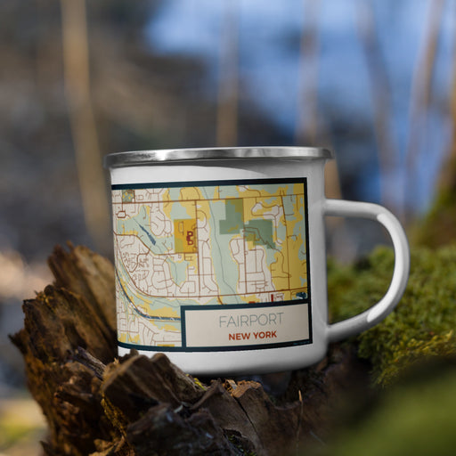 Right View Custom Fairport New York Map Enamel Mug in Woodblock on Grass With Trees in Background