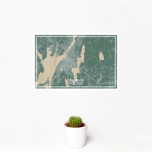 12x18 Fall River Massachusetts Map Print Landscape Orientation in Afternoon Style With Small Cactus Plant in White Planter