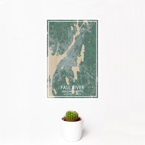 12x18 Fall River Massachusetts Map Print Portrait Orientation in Afternoon Style With Small Cactus Plant in White Planter