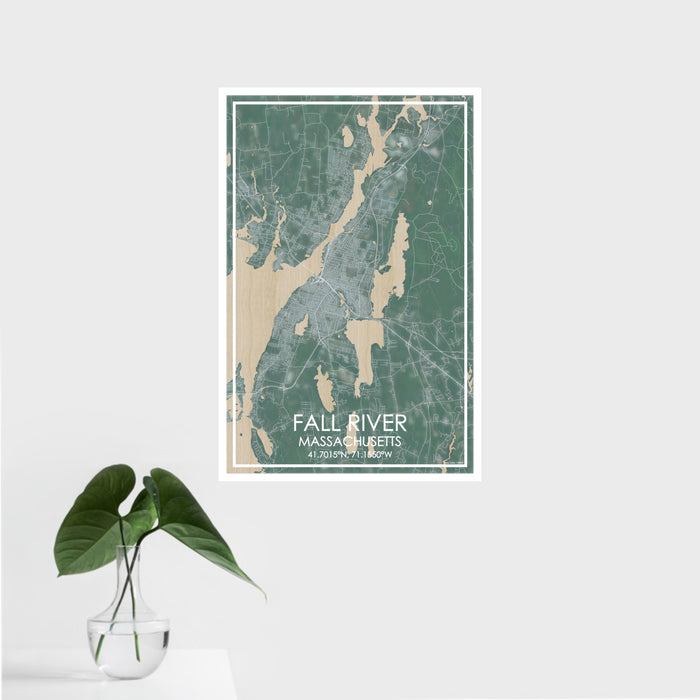 16x24 Fall River Massachusetts Map Print Portrait Orientation in Afternoon Style With Tropical Plant Leaves in Water