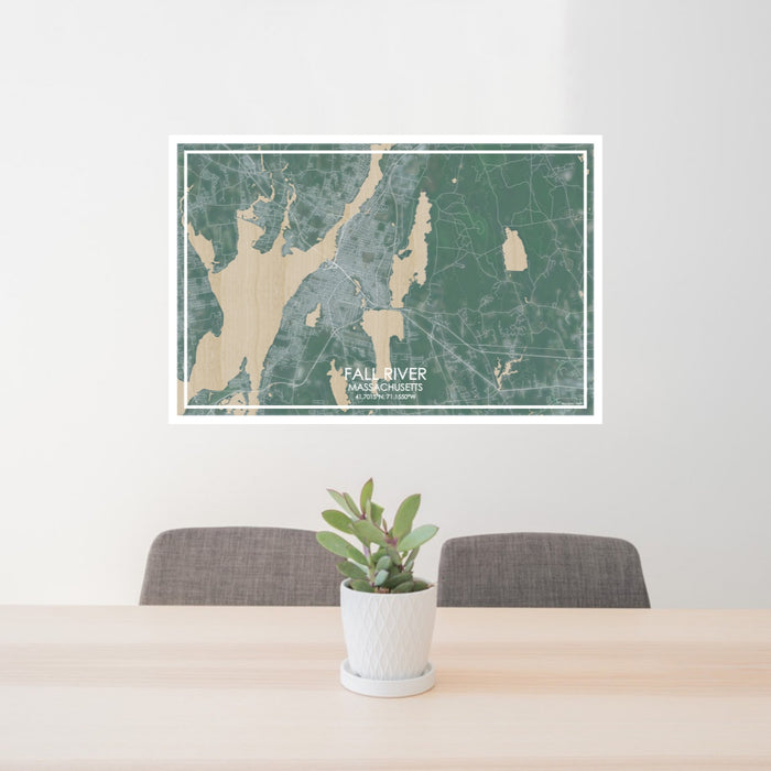 24x36 Fall River Massachusetts Map Print Lanscape Orientation in Afternoon Style Behind 2 Chairs Table and Potted Plant