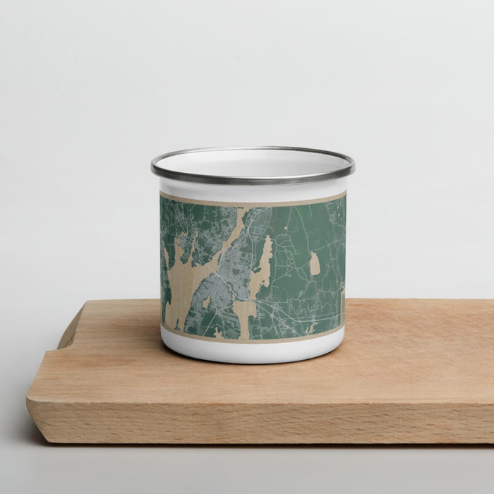 Front View Custom Fall River Massachusetts Map Enamel Mug in Afternoon on Cutting Board