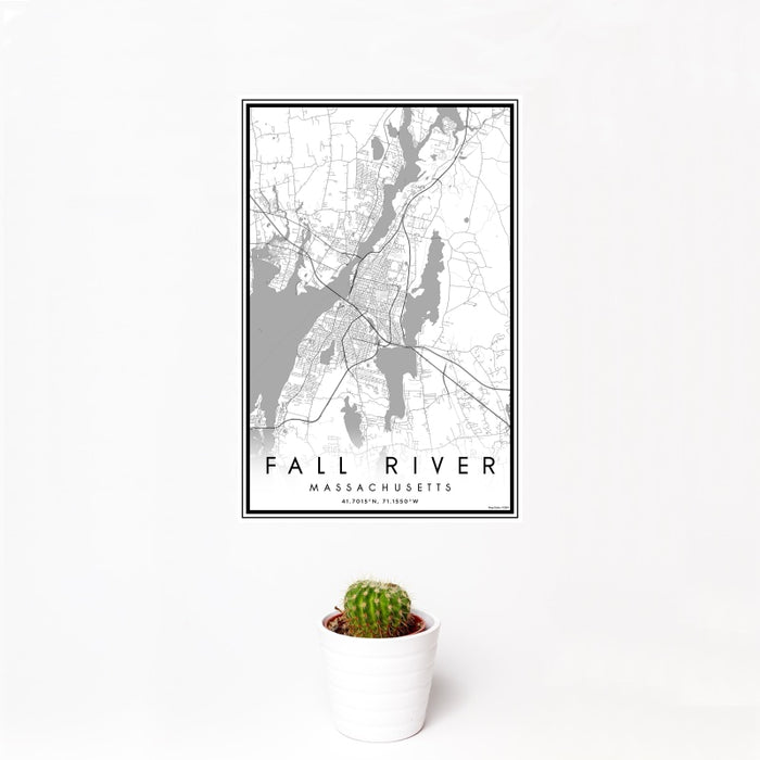 12x18 Fall River Massachusetts Map Print Portrait Orientation in Classic Style With Small Cactus Plant in White Planter