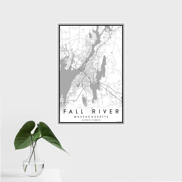 16x24 Fall River Massachusetts Map Print Portrait Orientation in Classic Style With Tropical Plant Leaves in Water