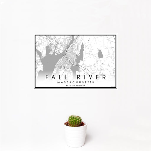 12x18 Fall River Massachusetts Map Print Landscape Orientation in Classic Style With Small Cactus Plant in White Planter