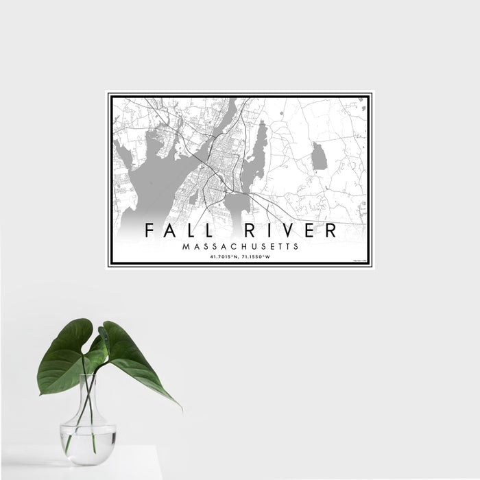 16x24 Fall River Massachusetts Map Print Landscape Orientation in Classic Style With Tropical Plant Leaves in Water