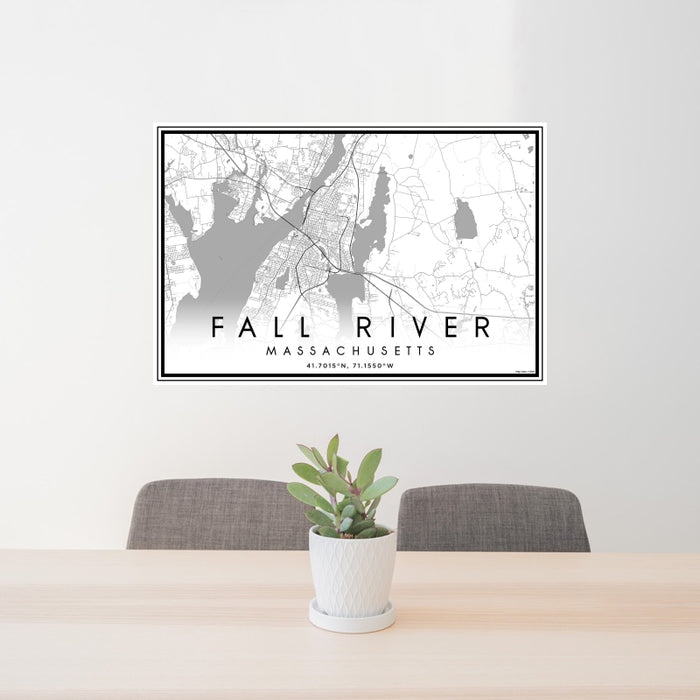 24x36 Fall River Massachusetts Map Print Landscape Orientation in Classic Style Behind 2 Chairs Table and Potted Plant