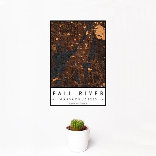 12x18 Fall River Massachusetts Map Print Portrait Orientation in Ember Style With Small Cactus Plant in White Planter