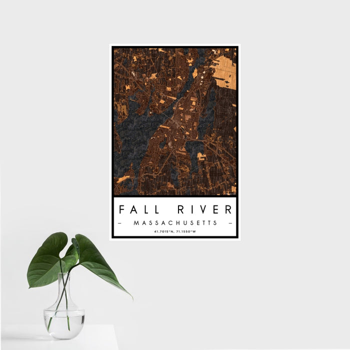 16x24 Fall River Massachusetts Map Print Portrait Orientation in Ember Style With Tropical Plant Leaves in Water