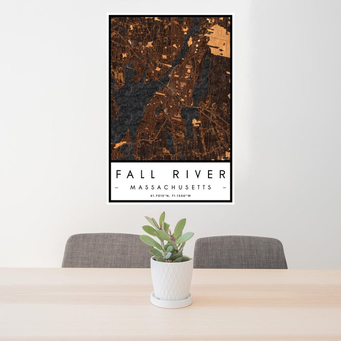 24x36 Fall River Massachusetts Map Print Portrait Orientation in Ember Style Behind 2 Chairs Table and Potted Plant