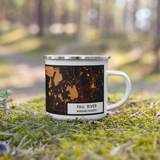 Right View Custom Fall River Massachusetts Map Enamel Mug in Ember on Grass With Trees in Background