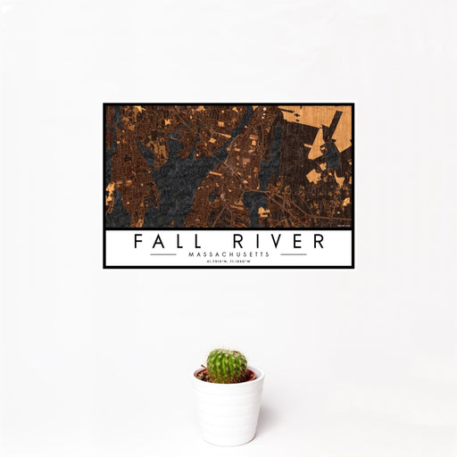 12x18 Fall River Massachusetts Map Print Landscape Orientation in Ember Style With Small Cactus Plant in White Planter