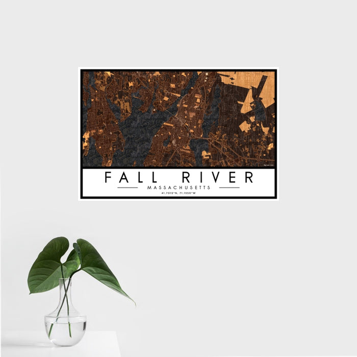 16x24 Fall River Massachusetts Map Print Landscape Orientation in Ember Style With Tropical Plant Leaves in Water