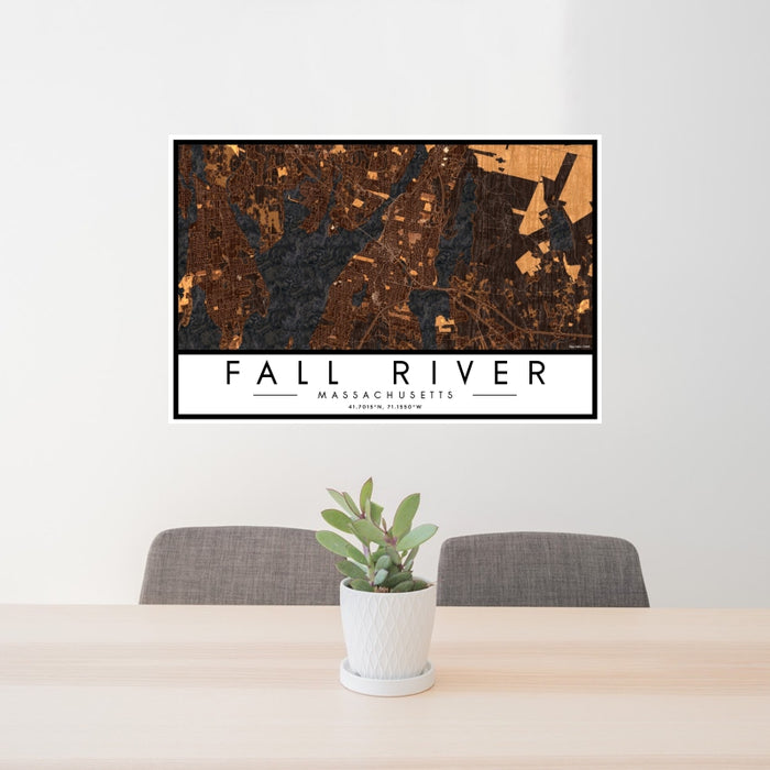 24x36 Fall River Massachusetts Map Print Landscape Orientation in Ember Style Behind 2 Chairs Table and Potted Plant
