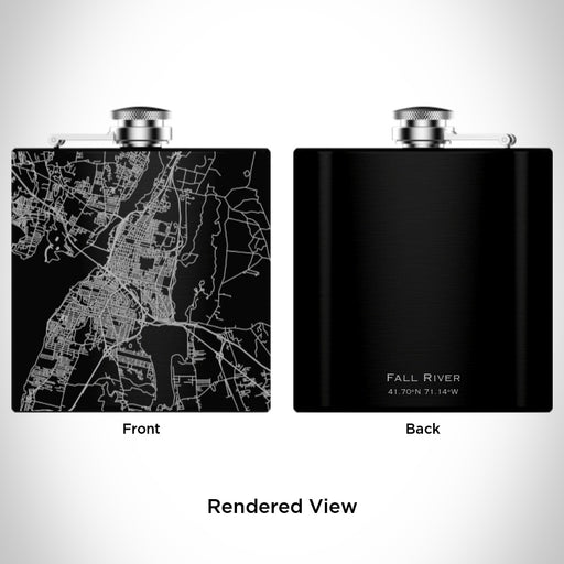 Rendered View of Fall River Massachusetts Map Engraving on 6oz Stainless Steel Flask in Black