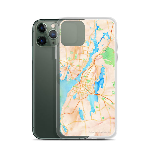 Custom Fall River Massachusetts Map Phone Case in Watercolor on Table with Laptop and Plant