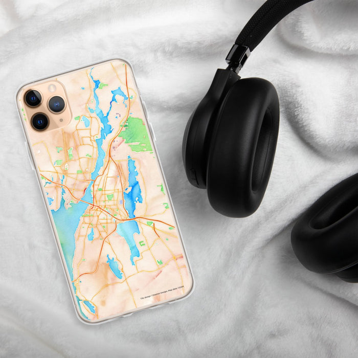 Custom Fall River Massachusetts Map Phone Case in Watercolor on Table with Black Headphones