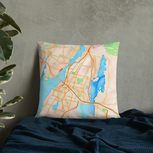 Custom Fall River Massachusetts Map Throw Pillow in Watercolor on Bedding Against Wall