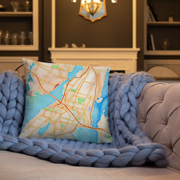 Custom Fall River Massachusetts Map Throw Pillow in Watercolor on Cream Colored Couch