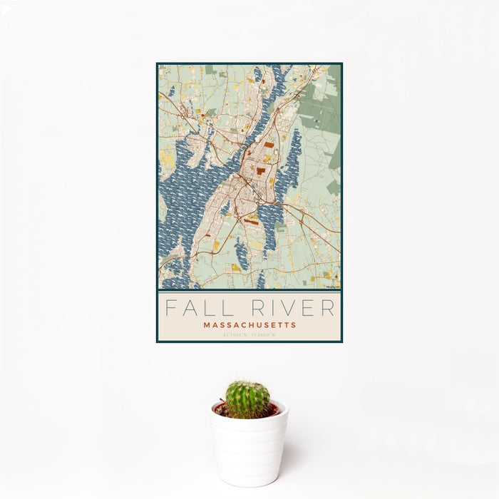 12x18 Fall River Massachusetts Map Print Portrait Orientation in Woodblock Style With Small Cactus Plant in White Planter