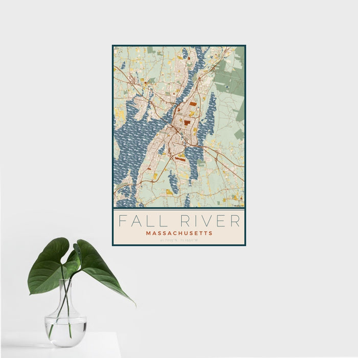 16x24 Fall River Massachusetts Map Print Portrait Orientation in Woodblock Style With Tropical Plant Leaves in Water