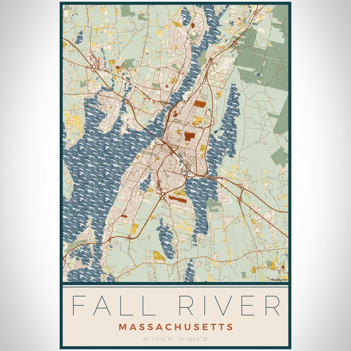 Fall River Massachusetts Map Print Portrait Orientation in Woodblock Style With Shaded Background