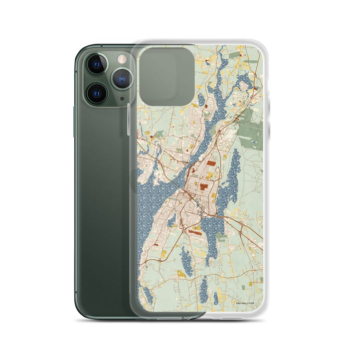 Custom Fall River Massachusetts Map Phone Case in Woodblock on Table with Laptop and Plant
