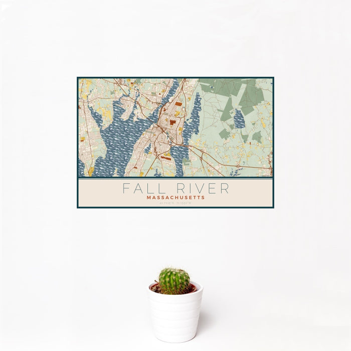 12x18 Fall River Massachusetts Map Print Landscape Orientation in Woodblock Style With Small Cactus Plant in White Planter