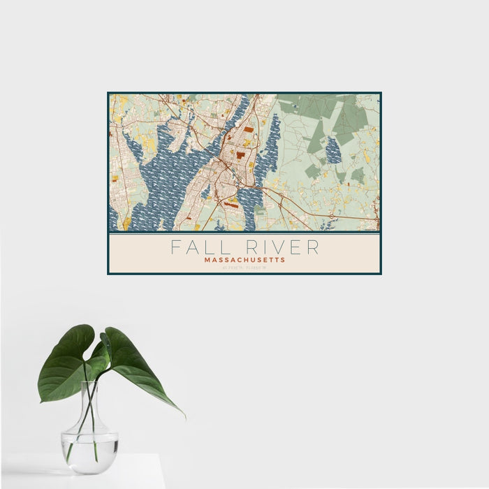 16x24 Fall River Massachusetts Map Print Landscape Orientation in Woodblock Style With Tropical Plant Leaves in Water