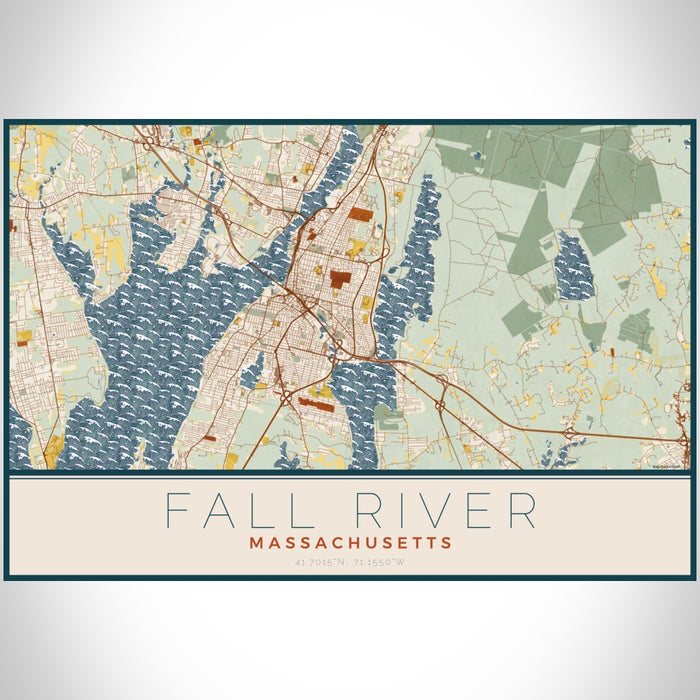 Fall River Massachusetts Map Print Landscape Orientation in Woodblock Style With Shaded Background