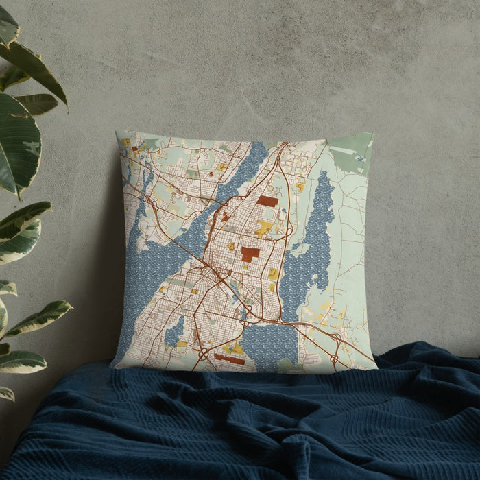 Custom Fall River Massachusetts Map Throw Pillow in Woodblock on Bedding Against Wall