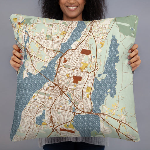 Person holding 22x22 Custom Fall River Massachusetts Map Throw Pillow in Woodblock