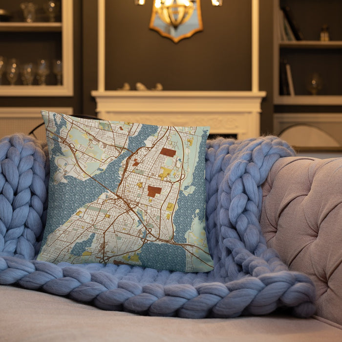 Custom Fall River Massachusetts Map Throw Pillow in Woodblock on Cream Colored Couch