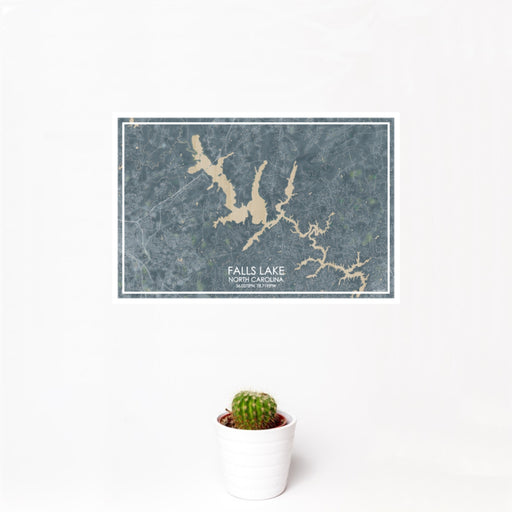 12x18 Falls Lake North Carolina Map Print Landscape Orientation in Afternoon Style With Small Cactus Plant in White Planter