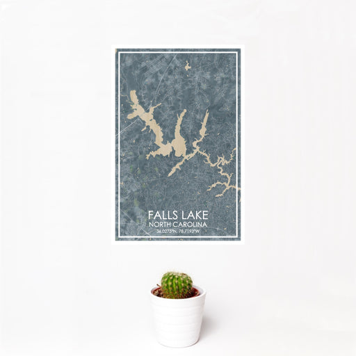 12x18 Falls Lake North Carolina Map Print Portrait Orientation in Afternoon Style With Small Cactus Plant in White Planter