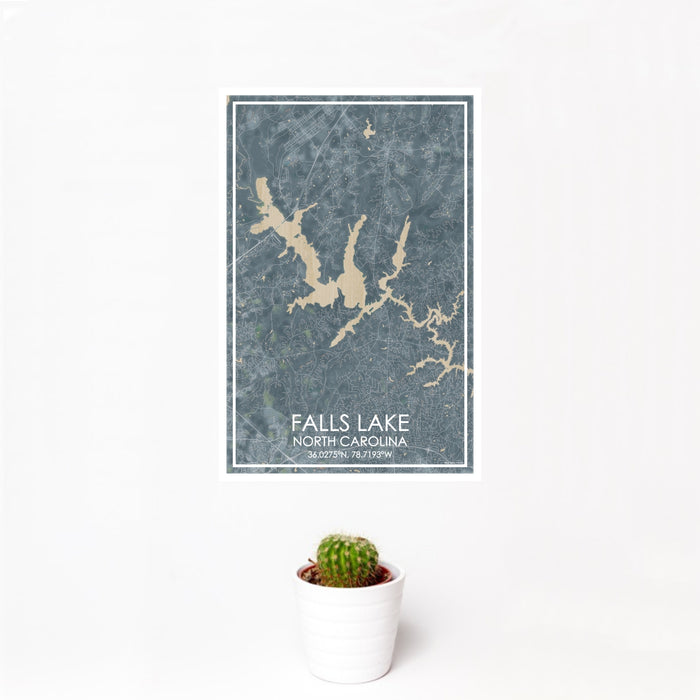 12x18 Falls Lake North Carolina Map Print Portrait Orientation in Afternoon Style With Small Cactus Plant in White Planter