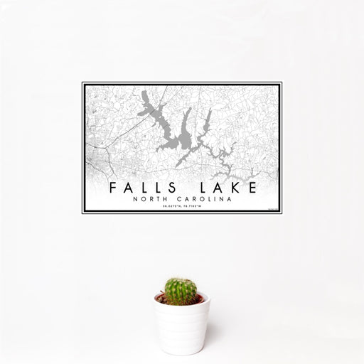 12x18 Falls Lake North Carolina Map Print Landscape Orientation in Classic Style With Small Cactus Plant in White Planter
