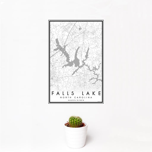 12x18 Falls Lake North Carolina Map Print Portrait Orientation in Classic Style With Small Cactus Plant in White Planter