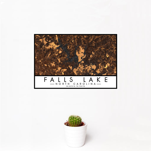 12x18 Falls Lake North Carolina Map Print Landscape Orientation in Ember Style With Small Cactus Plant in White Planter