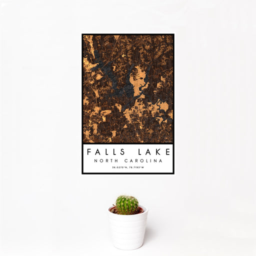 12x18 Falls Lake North Carolina Map Print Portrait Orientation in Ember Style With Small Cactus Plant in White Planter
