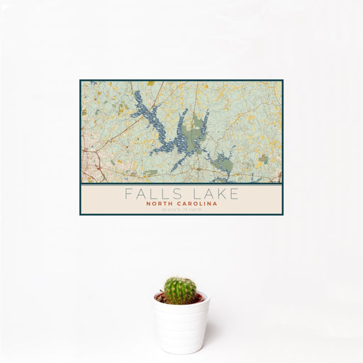 12x18 Falls Lake North Carolina Map Print Landscape Orientation in Woodblock Style With Small Cactus Plant in White Planter