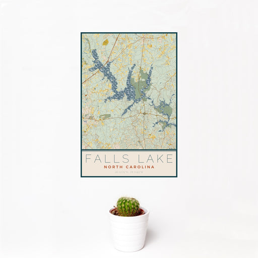 12x18 Falls Lake North Carolina Map Print Portrait Orientation in Woodblock Style With Small Cactus Plant in White Planter